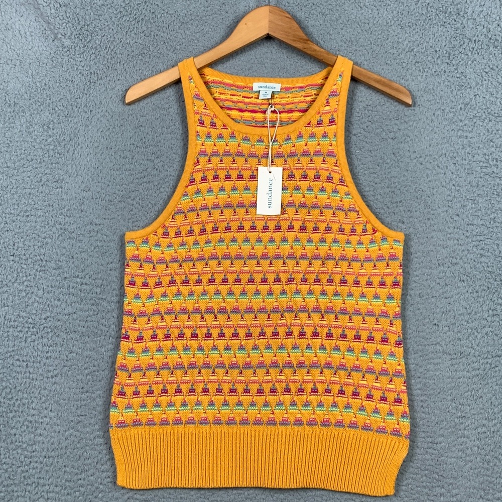 Sundance Kitts Sweater Tank Womens Medium Orange Geometric Jacquard Knit NWT $88